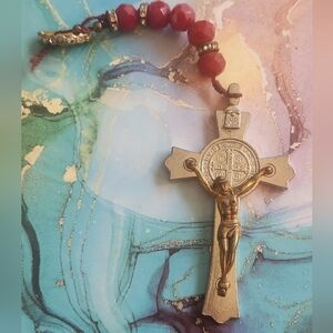 3 Inch St Benedict Crucifix With Faceted Red Beads And Rhinestones